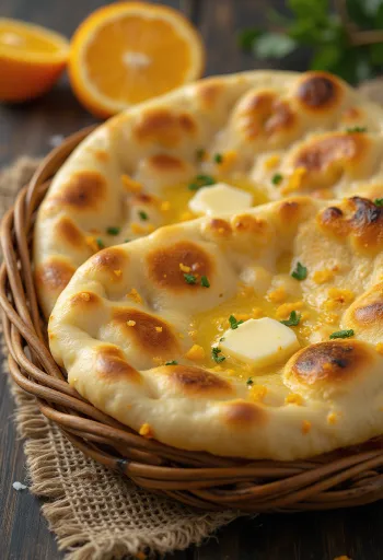 Pomerančový naan indický chléb na talíři