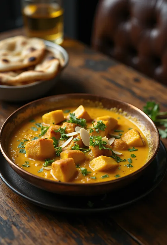 Korma se sýrem paneer, krémové a kořeněné indické jídlo