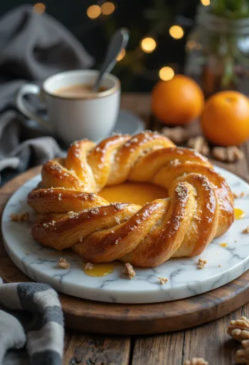Kringle s pomerančovou náplní, listové těsto, pomerančová náplň a čerstvé pečivo.
