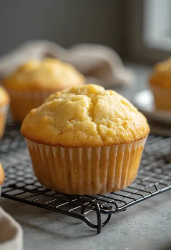 Vanilkové muffiny pečené dozlatova, podávané v papírovém košíčku