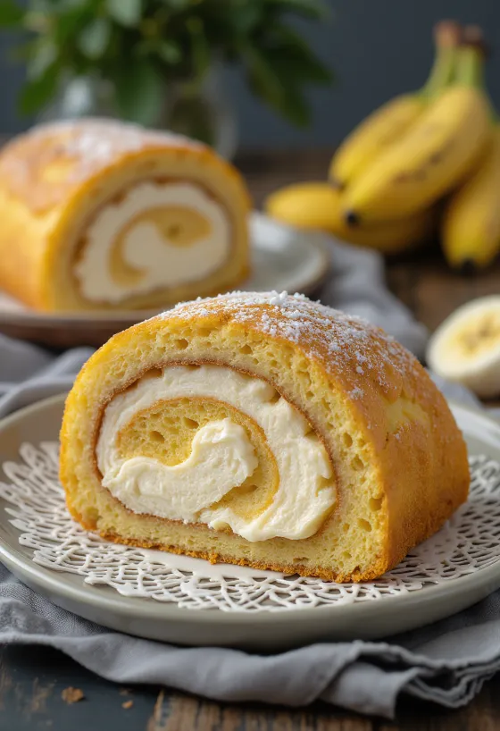 Bolo de Rolo s banánem, krájené, lahodná piškotová roláda s banánovou náplní