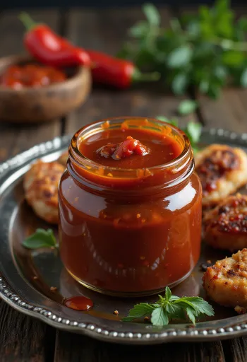 Barbecue omáčka s uzenou paprikou podávaná s grilovaným masem