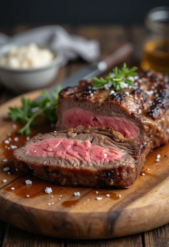 Picanha, grilované plátky brazilského hovězího masa s pečenými bramborami a omáčkou chimichurri