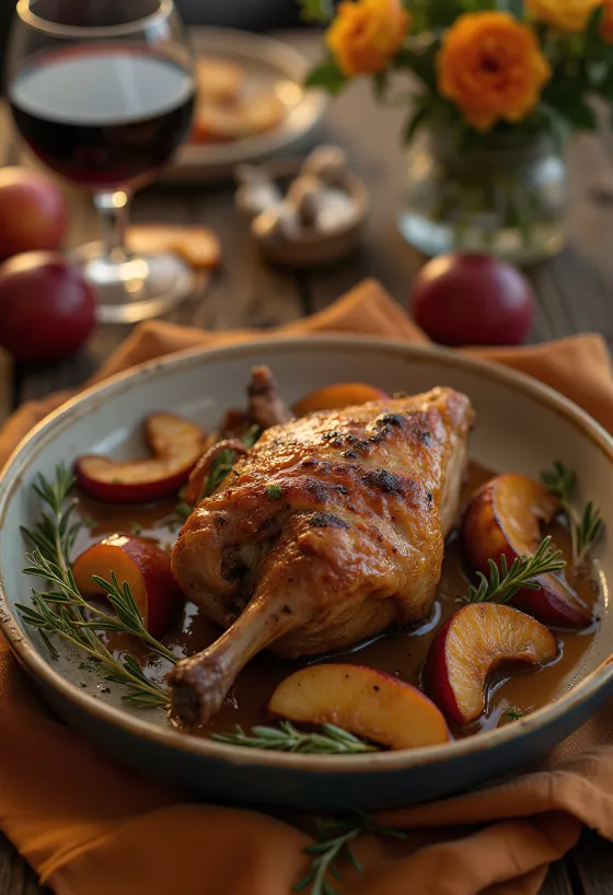 Dokřupava upečené kachní stehno podávané s bramborovou kaší a dušeným zelím