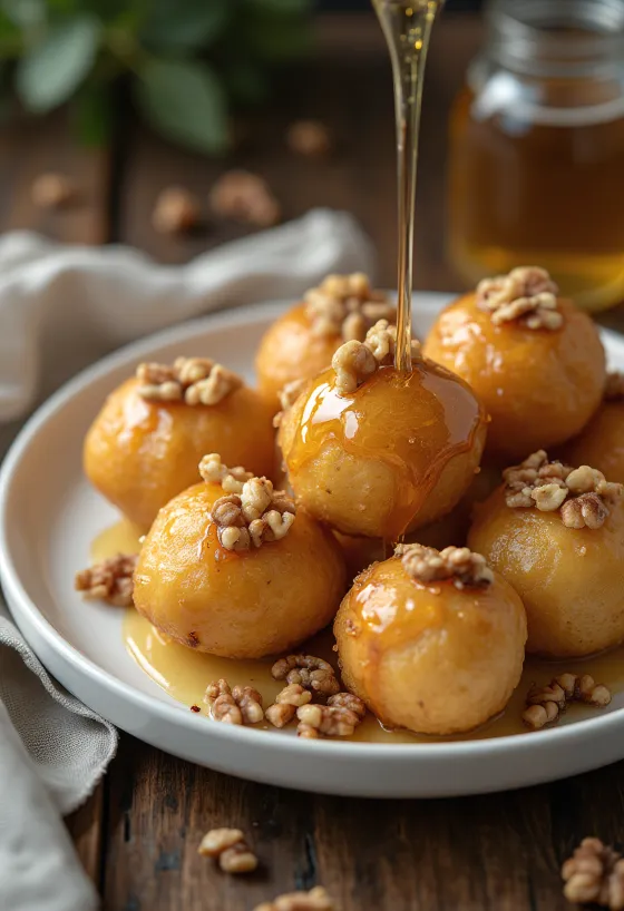 Zeppole s medem a ořechy, zlatohnědé pečivo podávané s medem