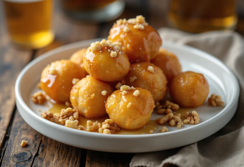 Zeppole s medem a ořechy, zlatohnědé pečivo podávané s medem