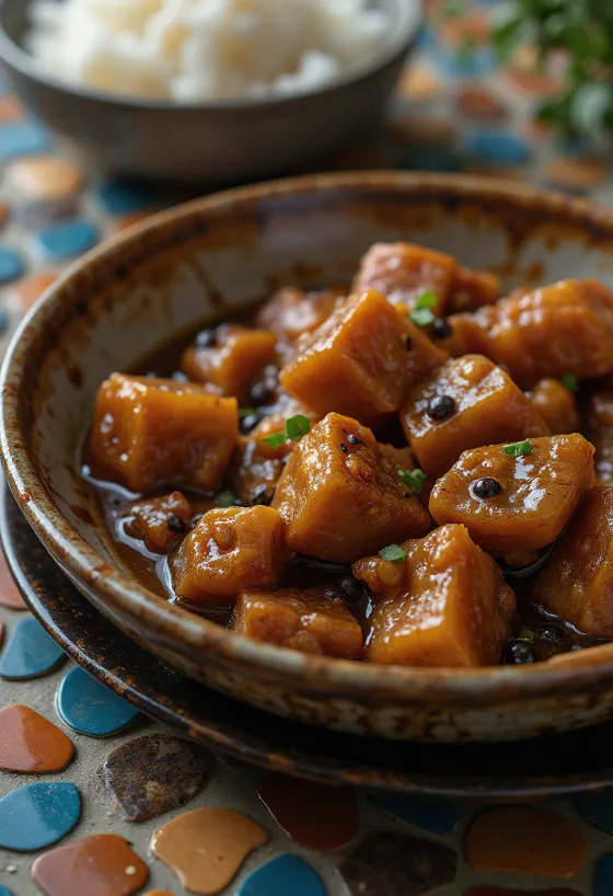 Vepřové Adobo, podávané s rýží a čerstvým koriandrem