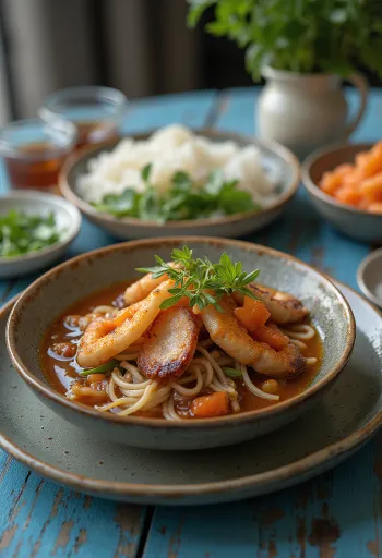 Bun Cha servírované s rýžovými nudlemi a čerstvou zeleninou
