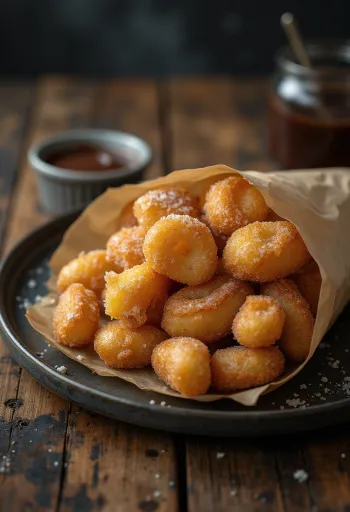 Churros jednohubky obalené ve skořicovém cukru podávané s čokoládovou omáčkou