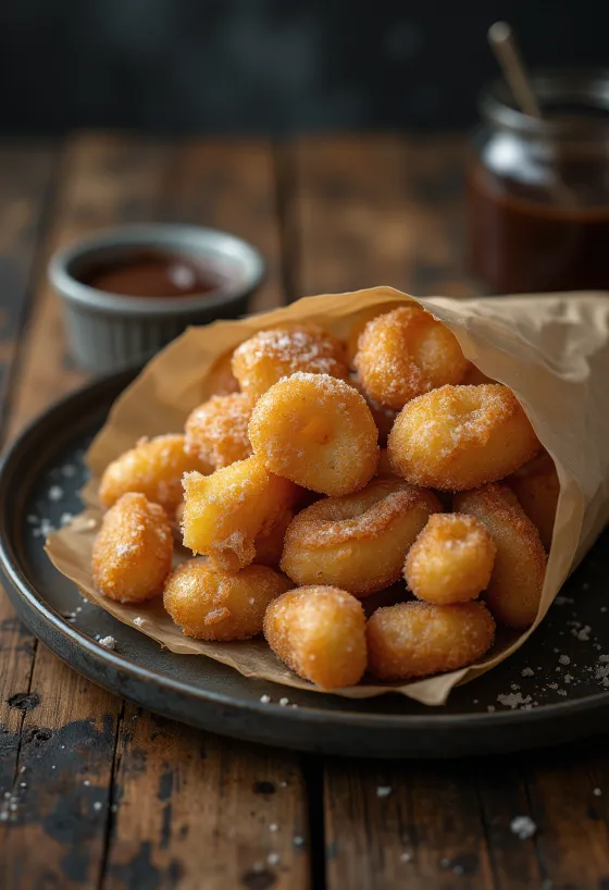 Churros jednohubky obalené ve skořicovém cukru podávané s čokoládovou omáčkou