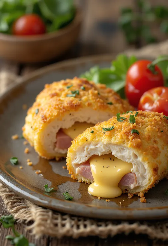 Cordon bleu podávaný s čerstvým salátem a pečenými bramborami