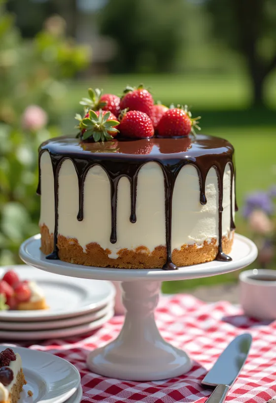 Drip cake dort s čokoládovou ganache na podnosu