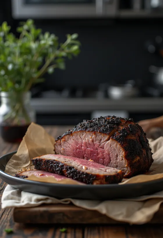 Uzený BBQ hovězí hrudí s krustou z černého pepře servírovaný