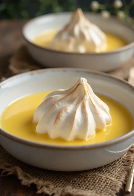 Ptačí mléko podávané ve sklenicích, zdobené vanilkovým krémem a sněhem z bílků