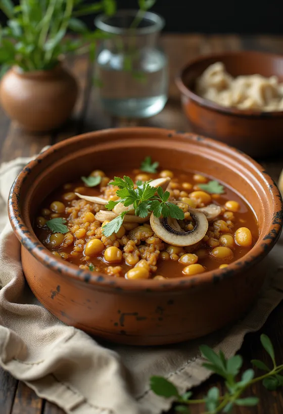 Pozole con setas servírované s limetkou, koriandrem a čerstvou jarní cibulkou