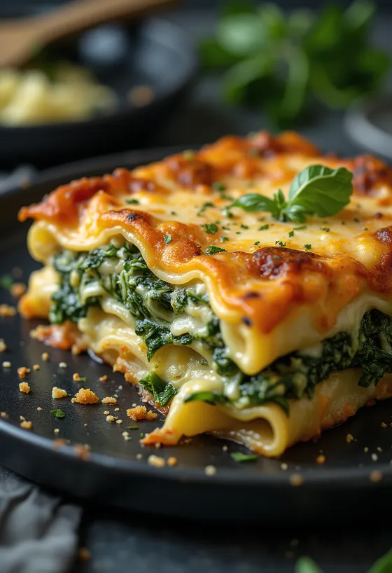 Vrstvené špenátové lasagne se sýrem upečeným dozlatova na vrchu