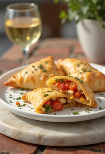 Samosa s pečenými rajčaty a mozzarellou servírovaná