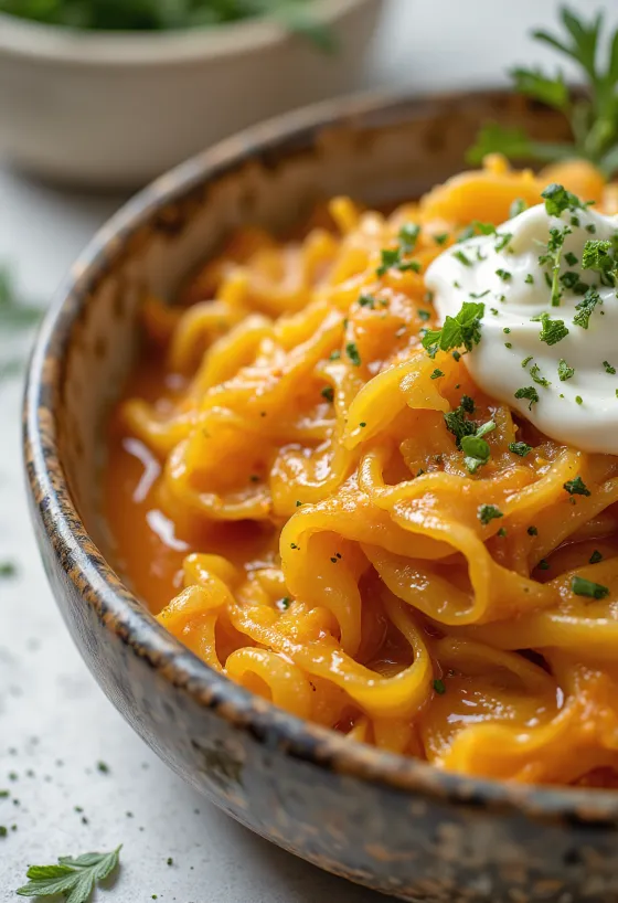 Veganské segedínské zelí se seitanem servírované