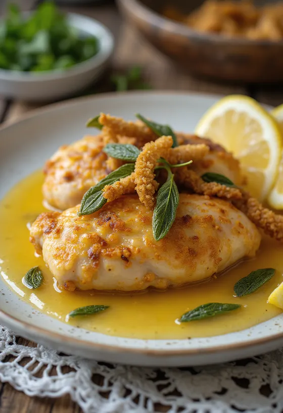 Kuře na šalvěji s křupavou kůžičkou, podávané s čerstvými bylinkami