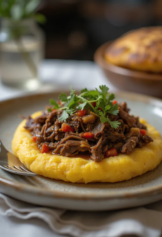 Arepa con Carne de Res podávaná v latinskoamerickém stylu