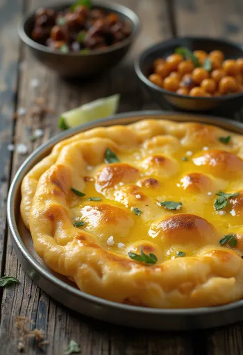 Bhature s olivovým olejem, křupavé a lahodné, podávané s čerstvým koriandrem