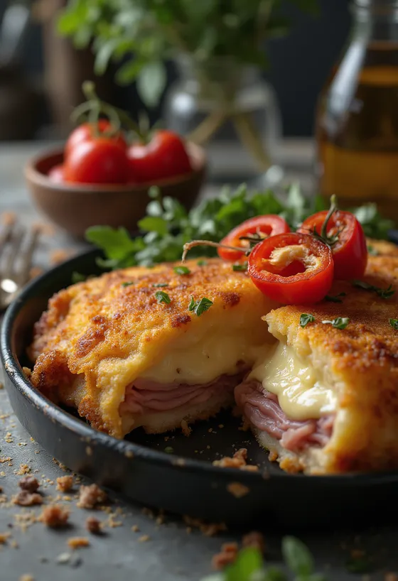 Cachopo servírované s hranolky a citronem