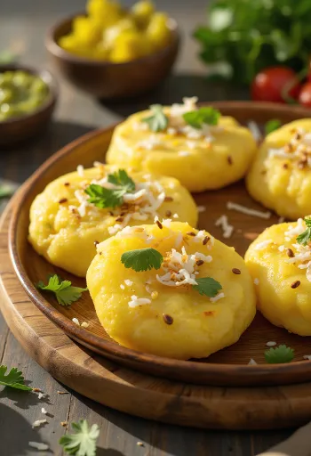 Poha Dhokla, podávaná s čerstvým koriandrem a strouhaným kokosem