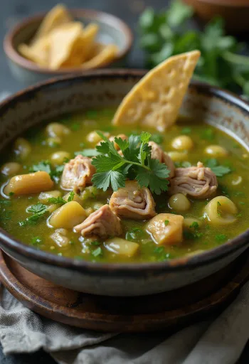 Pozole con tomatillo servírované s limetkou, koriandrem a čerstvou jarní cibulkou