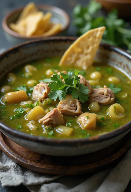 Pozole con tomatillo servírované s limetkou, koriandrem a čerstvou jarní cibulkou