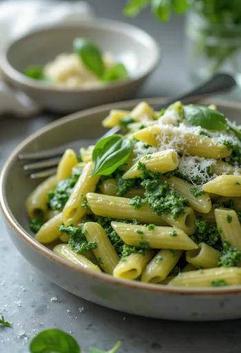 Krémové těstoviny se špenátem posypané čerstvým parmezánem, podávané na bílém talíři