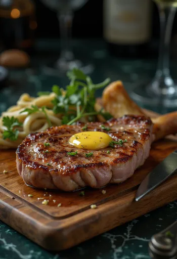 Steak z krkovice podávaný s pečenými bramborami a zeleninou