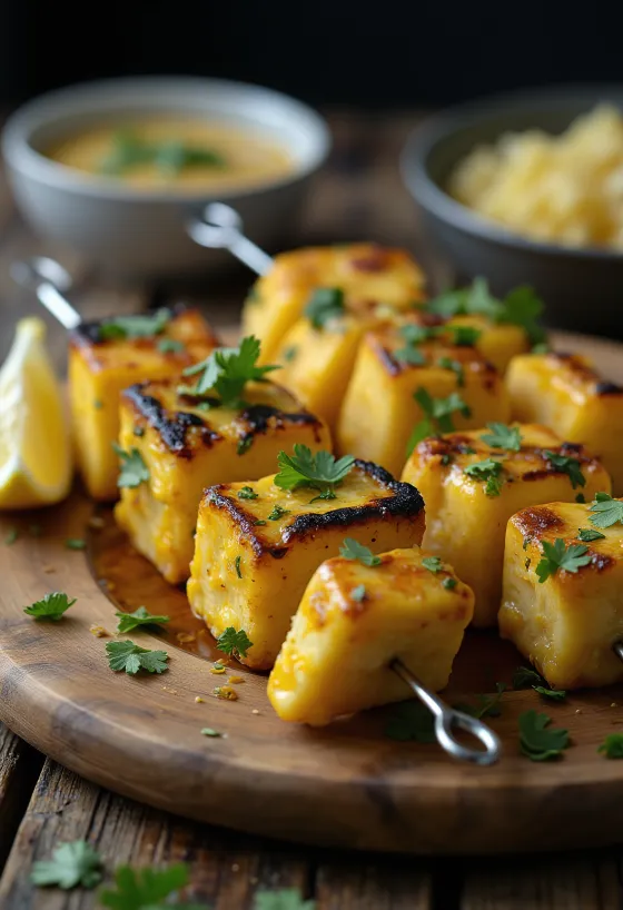 Achari paneer tikka grilované kousky paneeru, kořeněné v jogurtové marinádě, podávané s čerstvým koriandrem a citronem
