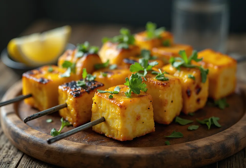 Achari paneer tikka grilované kousky paneeru, kořeněné v jogurtové marinádě, podávané s čerstvým koriandrem a citronem