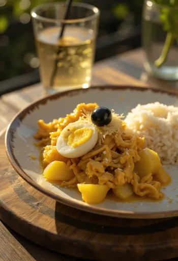 Ají de Gallina podávaná s cibulí, čerstvými vejci a mandlovými lupínky