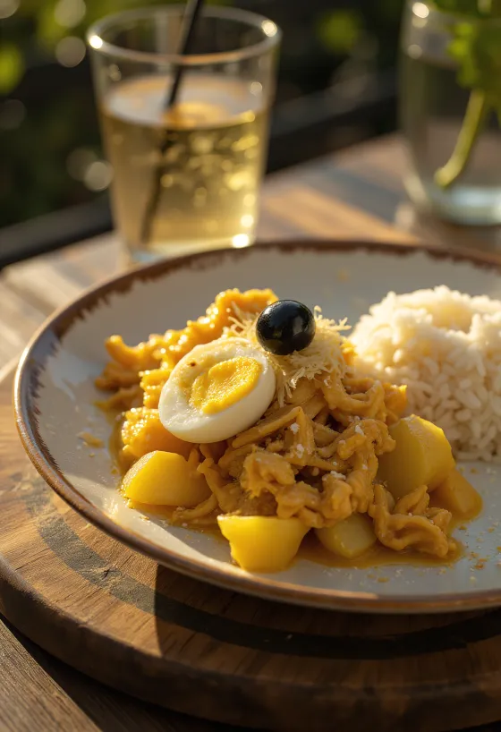 Ají de Gallina podávaná s cibulí, čerstvými vejci a mandlovými lupínky