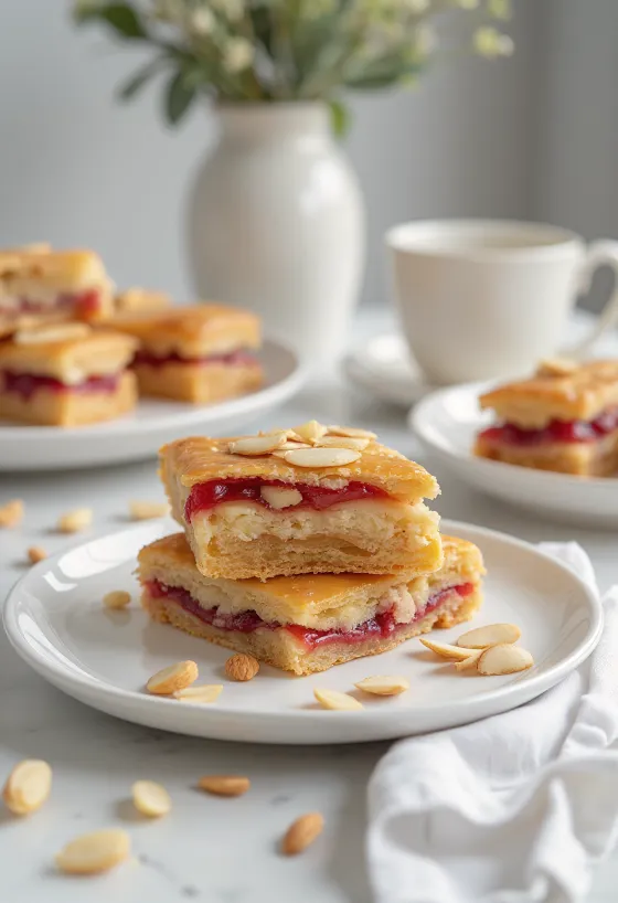 Bakewell tart podávaný jako řez, bohatá mandlová sladkost zdobená džemem a mandlemi