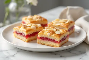 Bakewell tart podávaný jako řez, bohatá mandlová sladkost zdobená džemem a mandlemi
