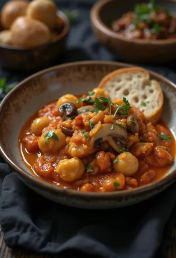 Houbový paprikáš s veganskými haluškami servírovaný