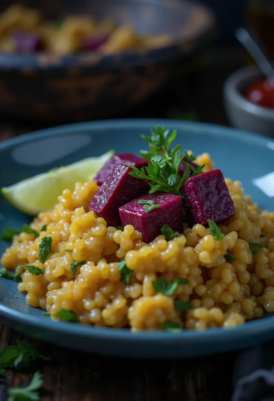 Limetkové quinoa kari s tahini a řepným tofu servírované