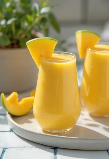 Mangové smoothie ve vysoké sklenici, zdobené plátky manga