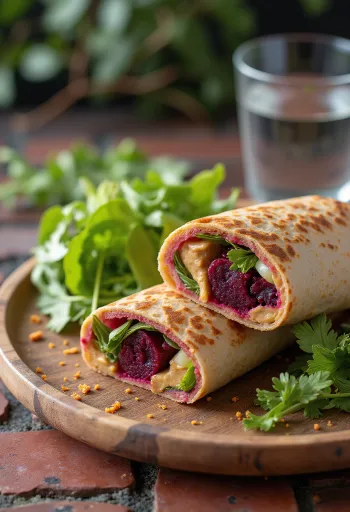 Prebiotický wrap s červenou řepou a pórkem, zdravé jídlo s čerstvou petrželkou