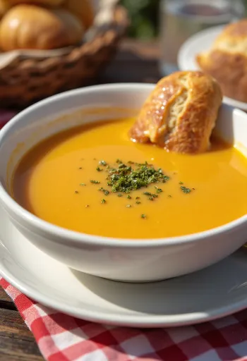 Krémová dýňová zeleninová polévka podávaná v misce