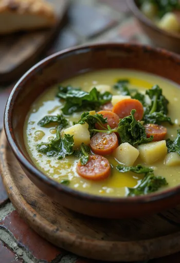 Polévka Caldo Verde servírovaná s klobásou