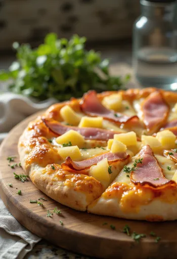 Havajská pizza s uzenou šunkou servírovaná na dřevěném prkénku