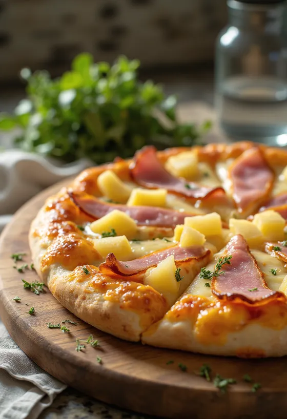Havajská pizza s uzenou šunkou servírovaná na dřevěném prkénku