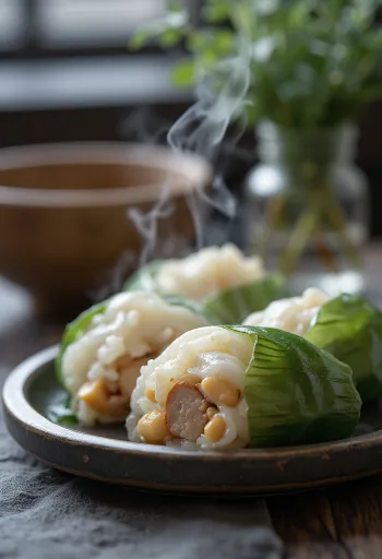 Tradiční Zongzi, s masovou náplní a zabalené v bambusových listech