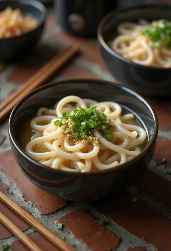 Kishimen udon, ploché udon nudle podávané v misce v bohatém vývaru dashi, zdobené čerstvou jarní cibulkou a sezamovými semínky