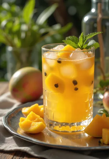 Jablečný cider s mangem a marakujou čerstvě servírovaný