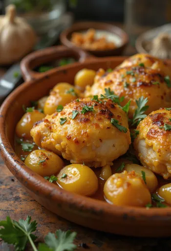Pollo al Ajillo, španělské česnekové kuře podávané s omáčkou z bílého vína