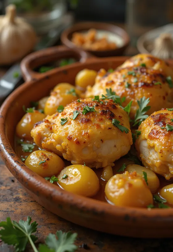 Pollo al Ajillo, španělské česnekové kuře podávané s omáčkou z bílého vína